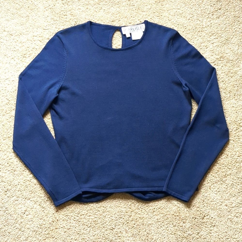 Vintage Carlisle Navy Silk Top  Med Button Back Rouched detail Back Interest